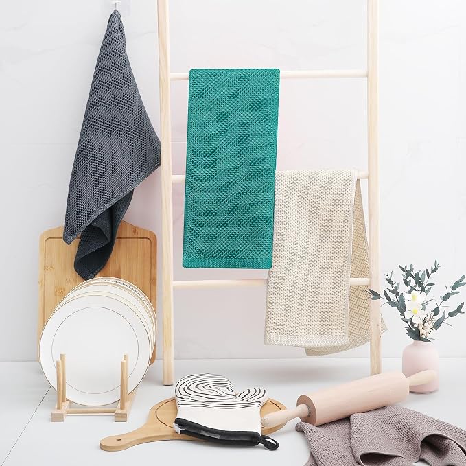 Homaxy 100% Cotton Waffle Weave Kitchen Dish Towels 12-Pack, Teal | 13 x 28 Inches, Ultra Soft Absorbent Dish Towels, Quick Drying Cleaning Towels