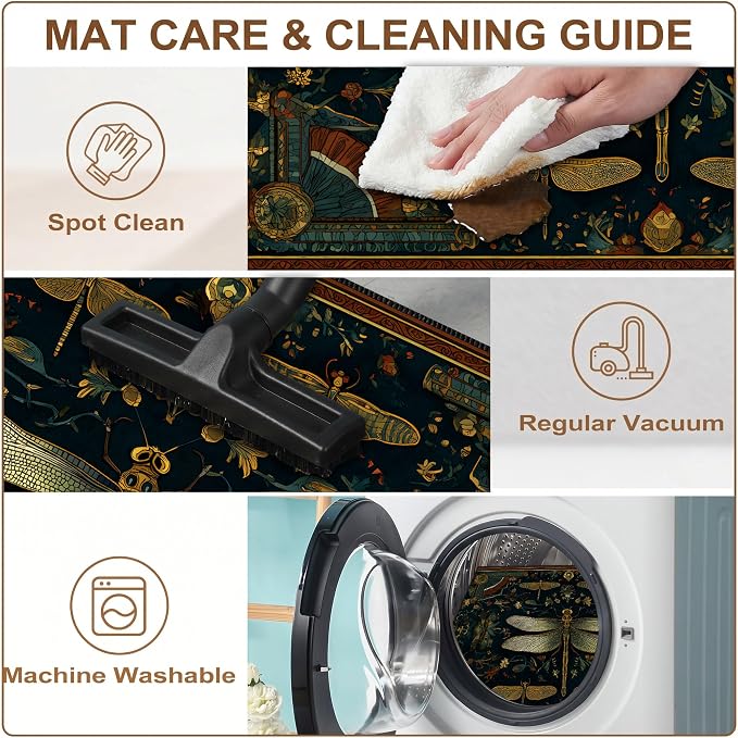 Vintage Dragonfly Laundry Room Mat 23.6 x 19.6 Inch, Dark Teal Botanical Non-Slip Washer Dryer Floor Rug for Entryway, Kitchen and Bathroom (Dark Green)