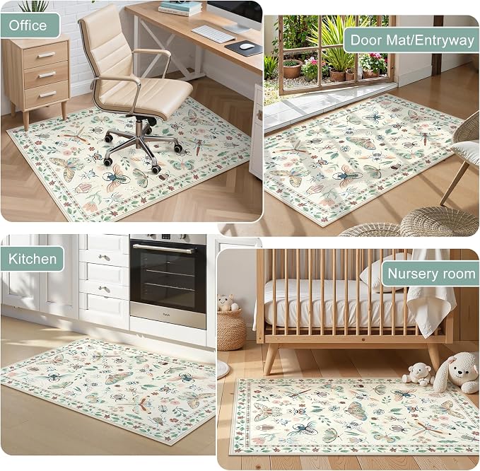 Anidaroel 36"x48" Home Office Chair Mat for Hardwood Floor, Beige Under Desk Rug for Rolling Chairs, Anti-Slip Insect Print Desk Floor Mat for Offices Chair, Low Pile Office Rugs for Rolling Chairs