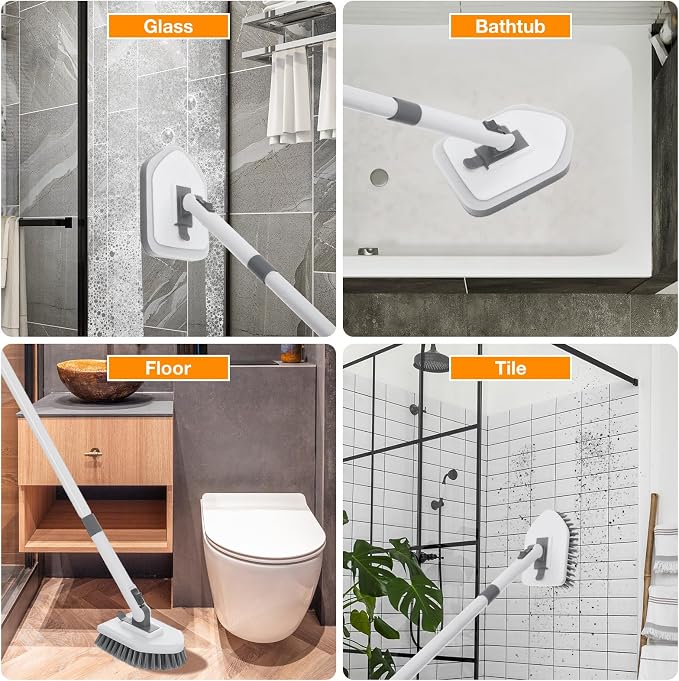 4 in 1 Shower Scrubber Cleaning Brush, Tub and Tile Scrubber with Long Handle, Grout Brush Stiff Bristles Scrub Sponge Brushes Microfiber Pad, for Toilet Bathroom Kitchen Wall Floor Glass Bathtub Sink