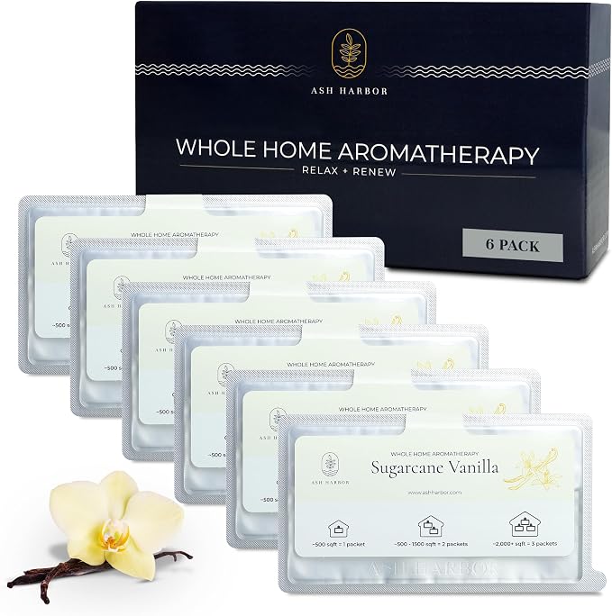 Sugarcane Vanilla Whole House Air Freshener 6 Pack for HVAC Filter Scent | Lasts Up to 4 Weeks, Peel and Stick, Odor Eliminator for Home Vents, Room Freshener for Office, Ash Harbor AC Vent Pad