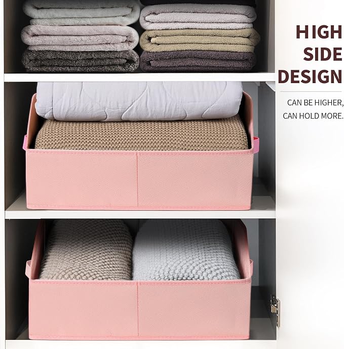 Closet Baskets for Shelves Trapezoid - Decorative Storage Baskets with Handle, Closet Bins for Organization, Shelf Storage Bins for Clothes, Books, Home, Office, 6 Pack, Pink