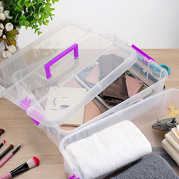 BTSKY 2 Layer Stack & Carry Box, Plastic Storage Container Box with Lid | Multipurpose Craft Organizers and Storage for Organizing Stationery, Sewing, Art Craft, Jewelry & Beauty Supplies, Purple