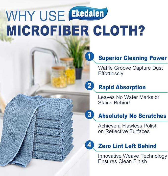 Microfiber Cleaning Cloth Lint Free Glass Polish, Blue | Waffle Weave Kitchen Towels, Quick Dry, Streak Free, Dust Rags for Household, 12 x12 in, 6 Pcak