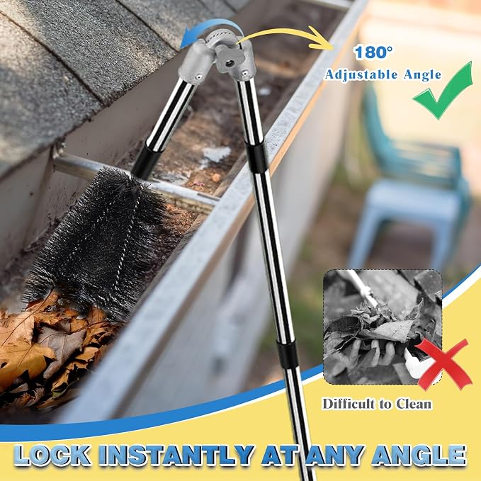 13FT Gutter Cleaning Tool from The Ground No Ladder Needed | Adjustable Length Gutter Cleaner Pole with 180° Pivoting Head, Replaceable Brush & Shovel for Leaves, Debris