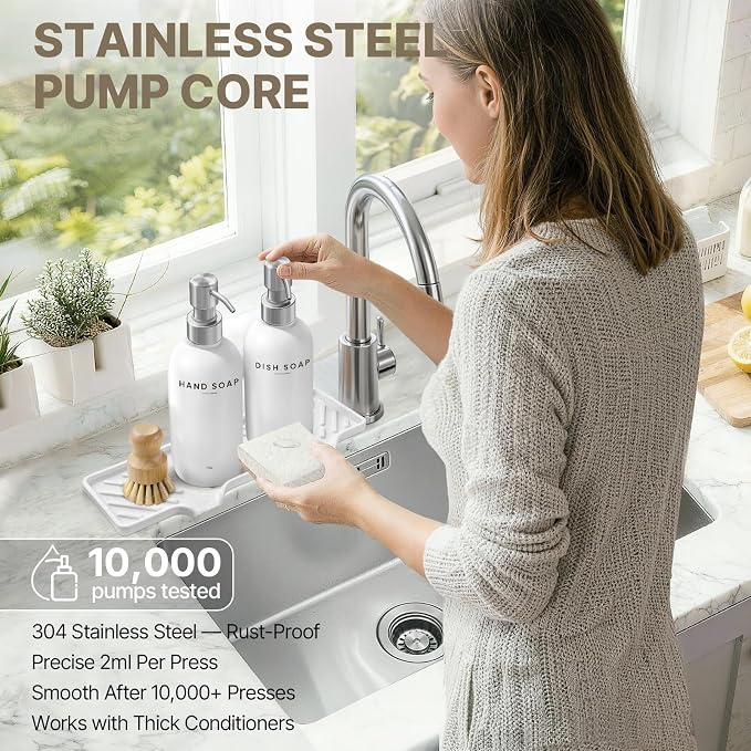 Kitchen Soap Dispenser Set with Self Draining Silicone Tray, Silver | Kitchen Sink Organizer for Sink, 2 x 17oz Glass Soap Dispensers with Stainless Steel Pumps, Bamboo Brush & Sisal Sponge