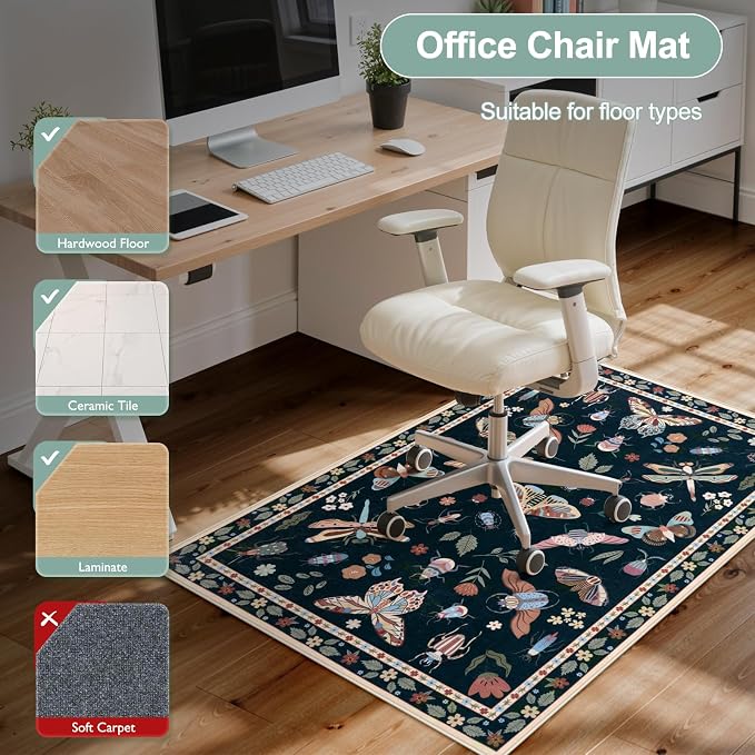 Anidaroel 36"x48" Office Chair Mat for Hardwood Floor/Tile, Black Insect Print Desk Floor Mats, Anti-Slip Floor Mat for Office Chair, Low Pile Desk Chair Mat for Hardwood
