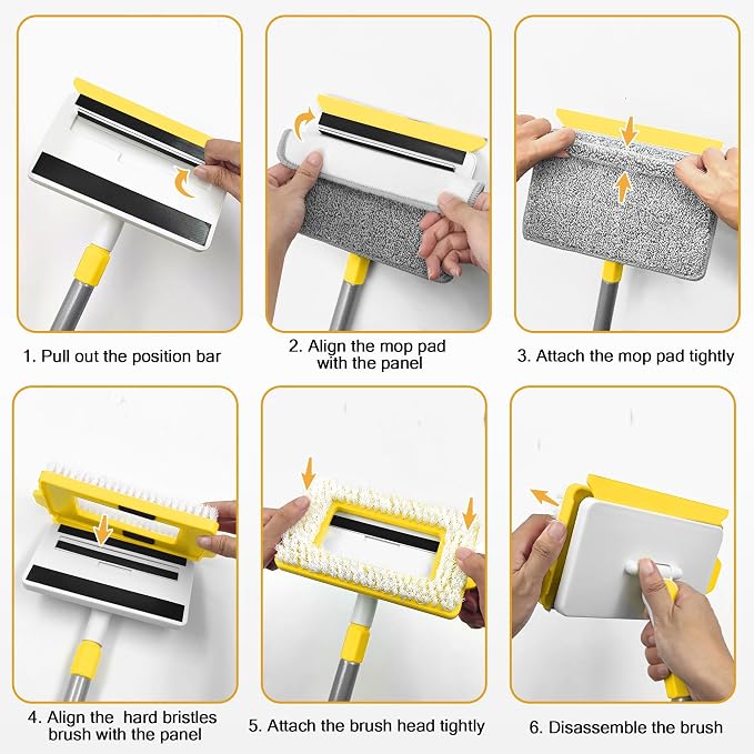 JEHONN Baseboard Cleaner Tool with Handle, 56 inches Base Boards Cleaning Mop Scrubber, 1 Stiff Bristles Brush, 2 Chenille and 2 Microfiber Pads, Wall Duster for Floorboard Ceiling Window (Yellow)