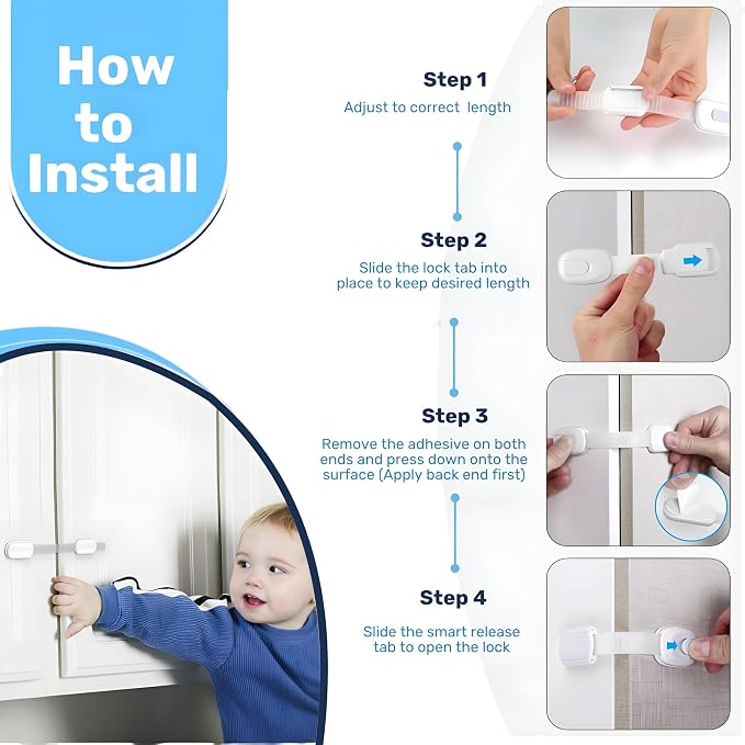 Baby Proof Me Child Safety Cabinet Locks - Baby Proofing Straps & Latches | 6 Pack Adhesive Safety Latches for Cabinets, Drawers, Fridge, Oven, Toilet & Trash Can, Strong 3M Adhesive - White