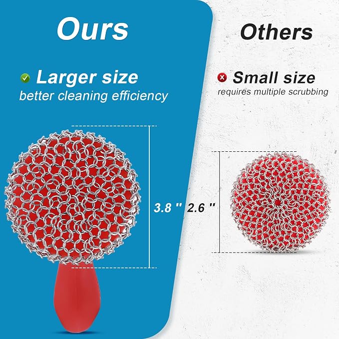 SUBEKYU Cast Iron Scrubber with Silicone Handle, Stainless Steel Cast Iron Skillet Cleaner Chainmail Scrubber for Cast Iron Pans, Red