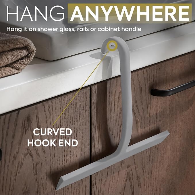 Shower Squeegee for Glass Doors, 10″ Gray with No-Drill J-Hook | Hang Anywhere Without Adhesive, Seamless One-Piece Silicone, Encased Steel Core, Streak-Free Shower Squeegee for Glass & Tile