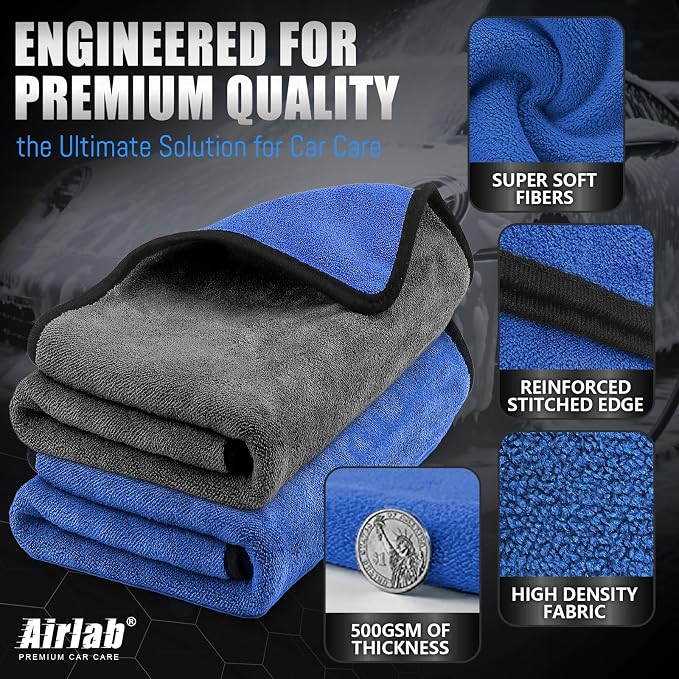 Airlab Microfiber Towels Cars Wash Drying Cleaning Cloth, Grey & Blue | Thick Plush Auto Detailing Super Absorbent for Interior & Exterior Lint Free, Streak Free, 35 x 24 Inch, Pack of 2