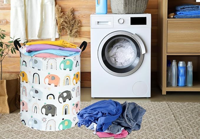 Round Rainbow elephant Pattern Laundry Hamper Clothes Storage Basket Fabric Storage Hamper Organization Storage Bin, Nursery Box,Gift Basket with Handles