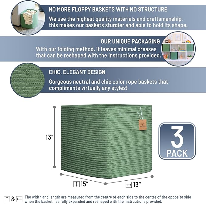 NaturalCozy 13x15x13 Kallax Storage Cubes Bins, 3 Pack | Cotton Rope Cube Storage Bin Woven Baskets for Organizing | Kallax Insert Storage Baskets for Shelves Organizer, Kids Toy, Closet Baby Nursery