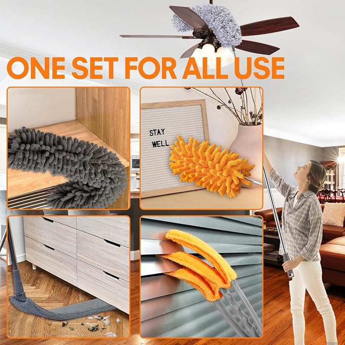 Dusters for Cleaning, 30-100 Inch Long Handle with 4 Duster Types | Washable & Reusable Heads, Detachable Duster Heads Clean High Ceilings, Ceiling Fan, Blinds, Cobwebs & Home Surfaces, Orange