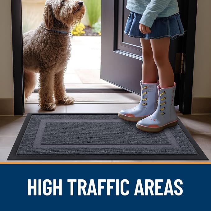 OLANLY Front Door Mat Outside 47x23, All-Season Heavy-Duty Rubber Doormat | Light Grey, Absorbent, Stain Fade Resistant, Waterproof Non-Slip Backing, Low-Profile Indoor Outdoor Floor Mat for Entryway