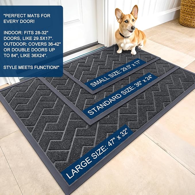OLANLY Front Door Mat Outside 35x23, All-Season Absorbent Rubber Doormat | Grey, Heavy-Duty, Stain and Fade Resistant, Waterproof Non-Slip Backing, Low-Profile Indoor Outdoor Floor Mat for Entryway