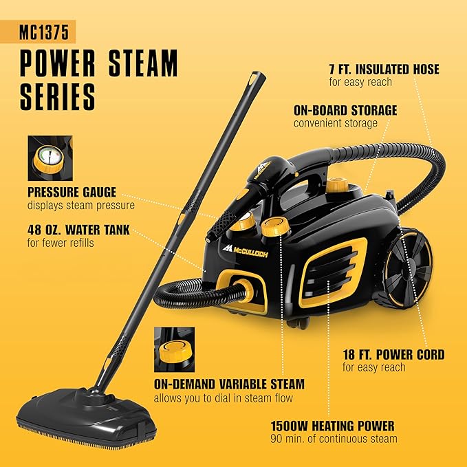 McCulloch MC1375 Canister Steam Cleaner, 90 Min Runtime, 20 Accessories | Jet Nozzle, Brushes, & More - Steam Cleaner for Home, Tile, Carpet, Furniture, & Personal Car Detailing