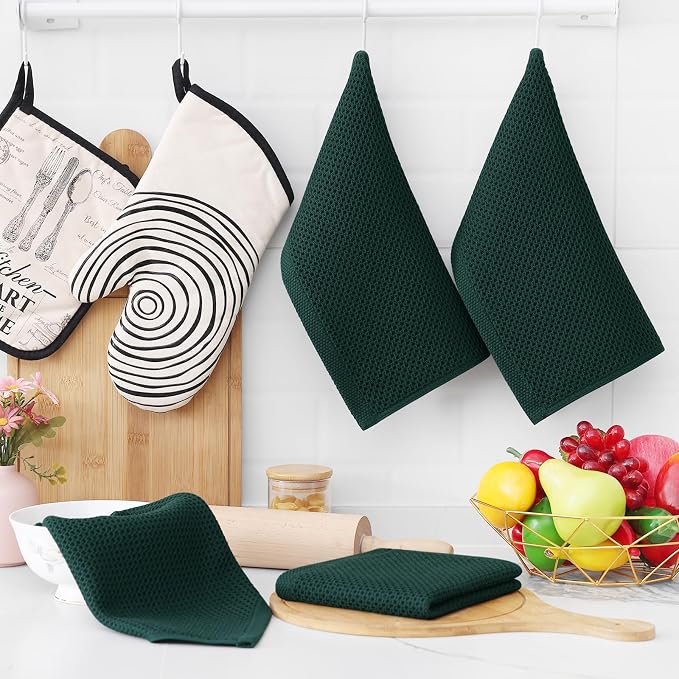 Homaxy 100% Cotton Waffle Weave Kitchen Dish Cloths 6-Pack, Blackish Green | 12 x 12 Inches, Ultra Soft Absorbent Dish Towels, Quick Drying Dish Rags with Hanging Loop