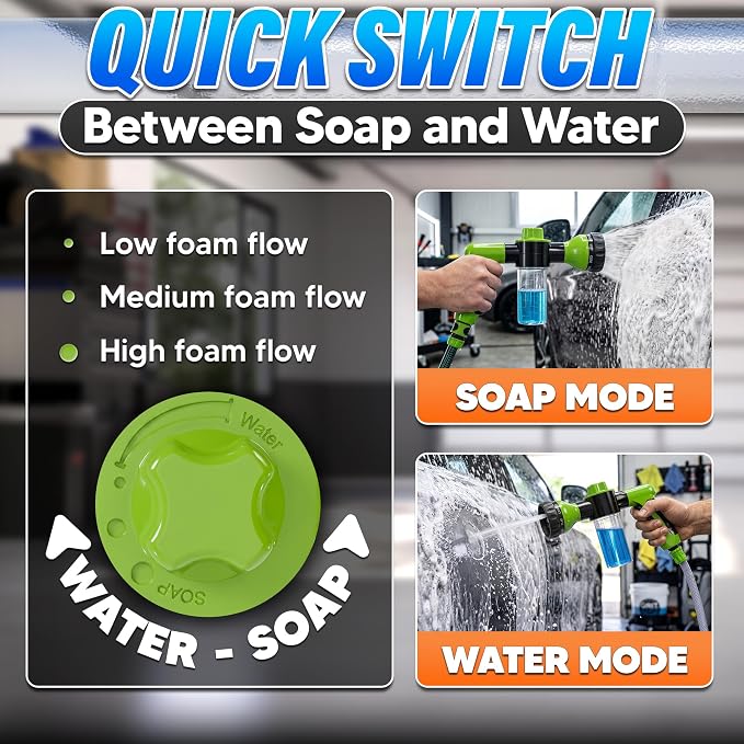 Hose Nozzle with Soap Dispenser and Trigger Flow - Car Wash Sprayer and Soap Sprayer Hose Attachment, Foam Control Dial, 8 Spray Patterns, 3.5 oz Refillable Tank - Fits 3/4 Inch Hose, Ergonomic Grip