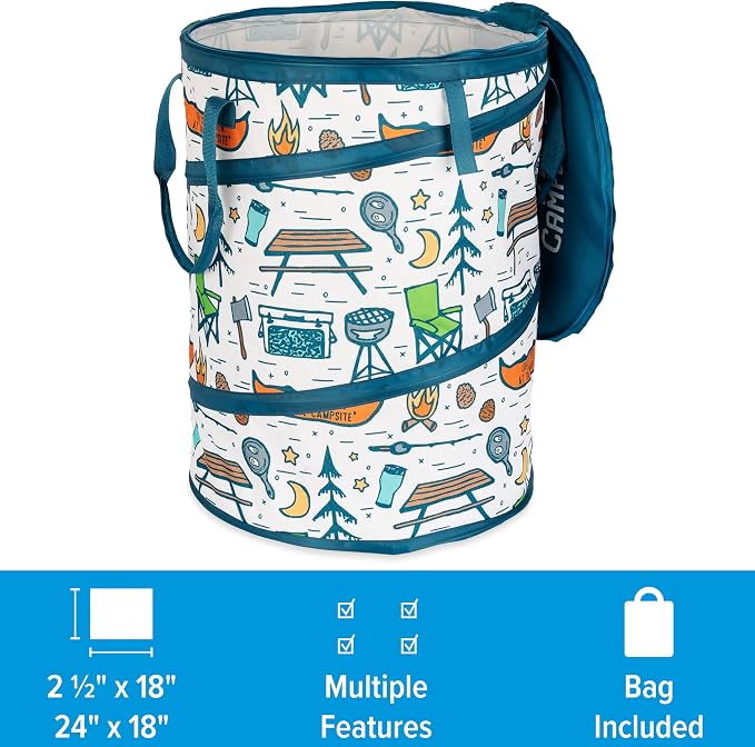 Camco Pop-Up Utility Container - Use as Collapsible Trash Can When Camping - Holds 30-Gallon Kitchen-Size Trash Bags - Stands 2-Ft Tall & Collapses for RV Storage and Organization (42997)
