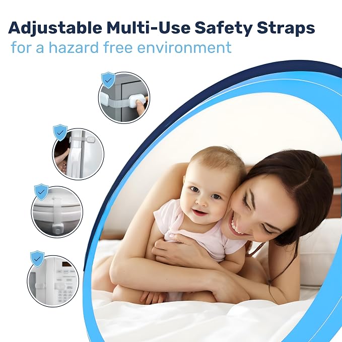 Baby Proof Me Child Safety Cabinet Locks - Baby Proofing Straps & Latches | 6 Pack Adhesive Safety Latches for Cabinets, Drawers, Fridge, Oven, Toilet & Trash Can, Strong 3M Adhesive - White