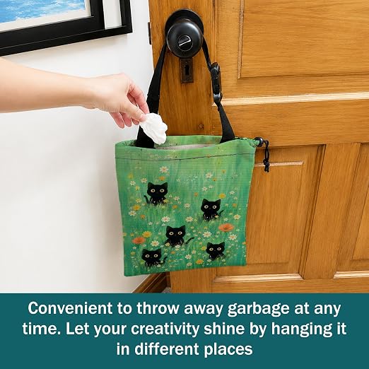 Black Cat Floral Car Trash Bag Hanging for Back Seat | Cottagecore Black Cat Canvas Drawstring Car Garbage Bag with Adjustable Buckle Vehicle Trash Can