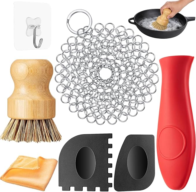 Patelai 7 Pcs Cast Iron Cleaning Kit,Chainmail Scrubber Brush,Bright Color | Cast Iron Accessories with 2 Grill Scrapers, Handle Holder, Dish Cloth, Wall Hook for Cast Iron Pan Skillet Camping Kitchen