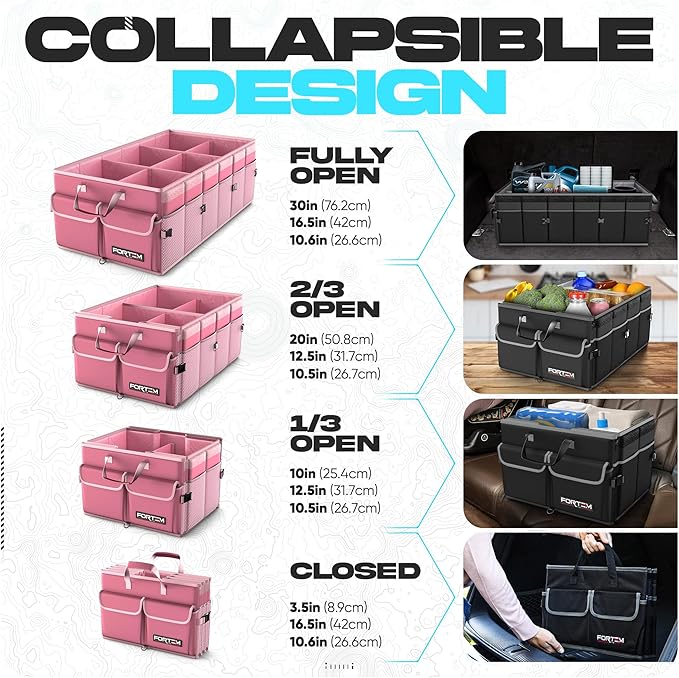 FORTEM Trunk Organizer - Foldable Car Organizer with Cooler for SUV, Trucks | Car Accessories for Men Women, Collapsible Bag, Non Slip Bottom, Straps, Soft Cover, 600D Oxford, Pink, 6 Compartments, 105L