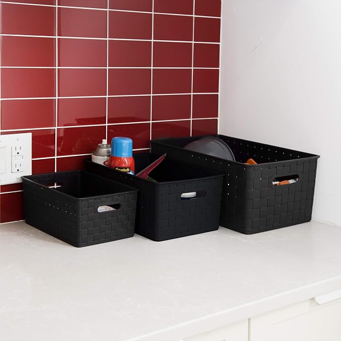 BINO | Plastic Basket, Large - Black | 3 Pack | THE STABLE COLLECTION | Multi-Use Storage Basket | Rectangular Cabinet Organizer | Home & Office Storage Organizer | Baskets for Bathroom Organizing