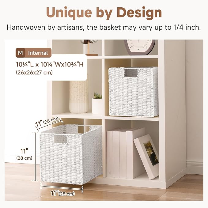 StorageWorks 11 inch Cube Storage Bin, White Storage Cubes, Wicker Baskets | 2-Pack, Handwoven Paper Rope White Wicker Baskets, Wicker Storage Cubes with Handles, Foldable Square Baskets for Organizing