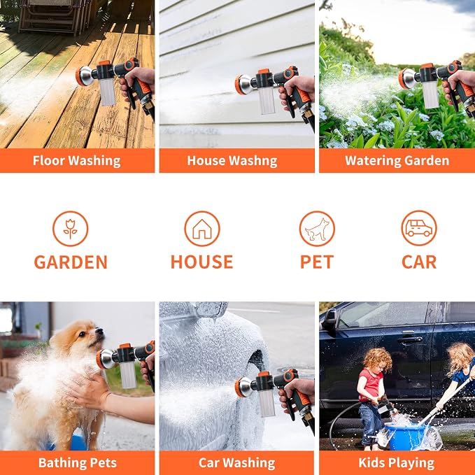 Garden Hose Nozzle,8 Patterns Hose Sprayer High Pressure,Heavy Duty Dog Wash,Metal Water Hose Nozzle with Soap Dispenser,Car Wash Foam Gun With Pets Things