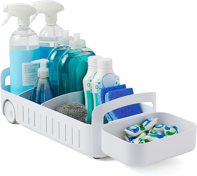 YouCopia RollOut Caddy Rolling Storage Bin with 2 Adjustable Dividers and Removable Basket for Kitchen and Bathroom Under Sink Organization, 8" Wide