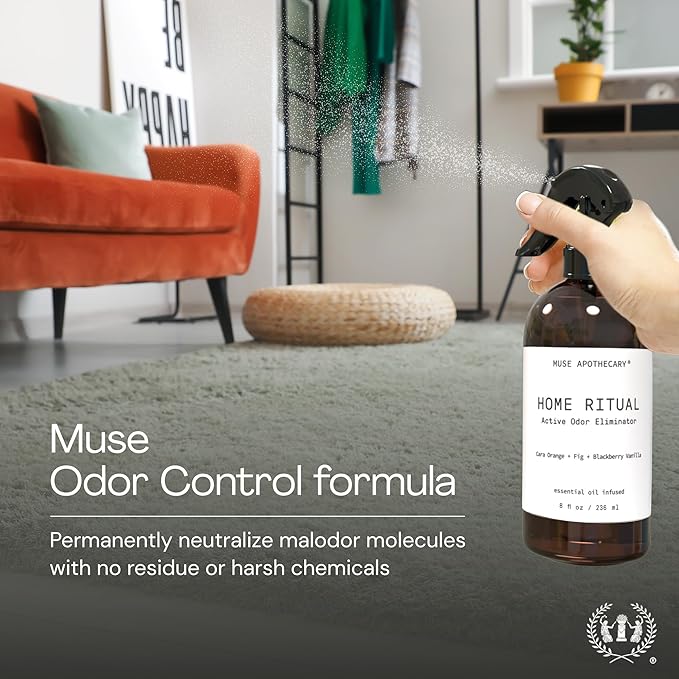 Muse Apothecary Home Ritual Active Odor Eliminator Spray - Furniture Deodorizer Spray & Bathroom Odor Eliminator for Home - Essential Oil Air Freshener - 4oz, Tonka Bean + Amber + Warm Cedarwood