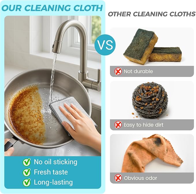 12pcs Upgrade 3-Layer Non-Scratch Steel Wool Dish Rags for Washing Dishes | Wet & Dry Clening, Effortlessly Strips Stuck-on Grime, Great for Cookware, Sinks, Dishes and Stove tops 7.87“ x 7.87”