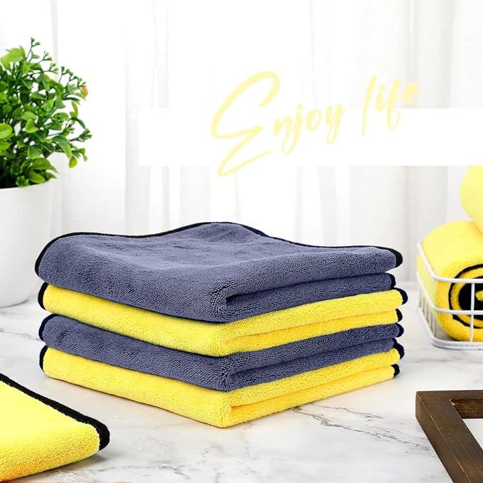 Tallew 12 Pcs Microfiber Towels for Cars, 800 GSM Plush Drying Cleaning Cloth Bulk, 16 x 16 Inch Thick Absorbent Wash Detailing Towels for Car Polishing, House, Kitchen Cleaning(Yellow and Gray)