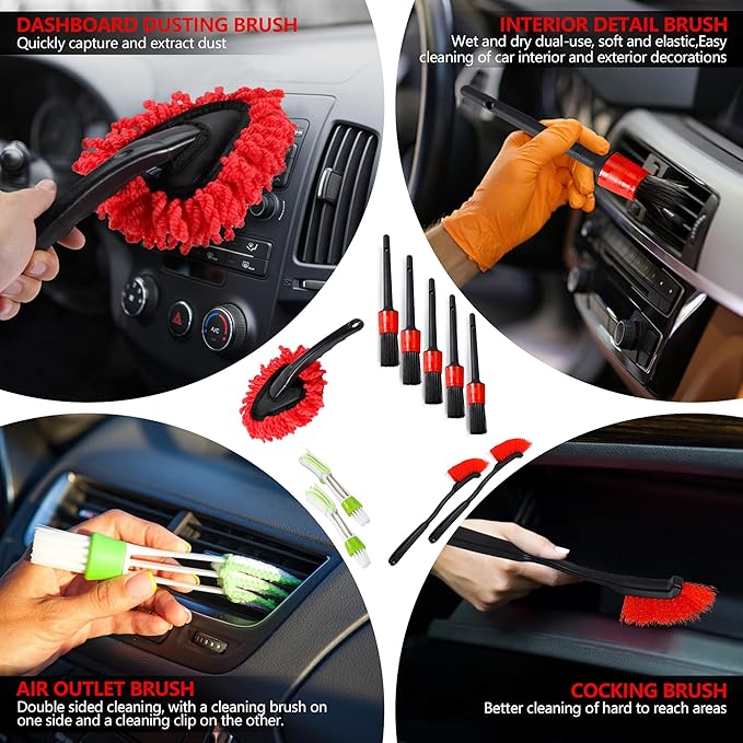 35Pcs Car Detailing Kit, Car Cleaning Kit and Detailing Brush Set | Windshield Cleaner Tool, Long Wheel Brush & Angled Brushes, Polishing Pads & Wax Pads, Red Tool Box, Gift for Men