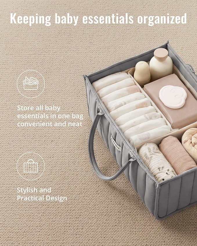 Blissful Diary Baby Diaper Caddy Organizer, Stylish Storage Basket for Newborn Essentials and Diaper Station, Gift for Baby Shower and Registry Must-Have, Light Gray