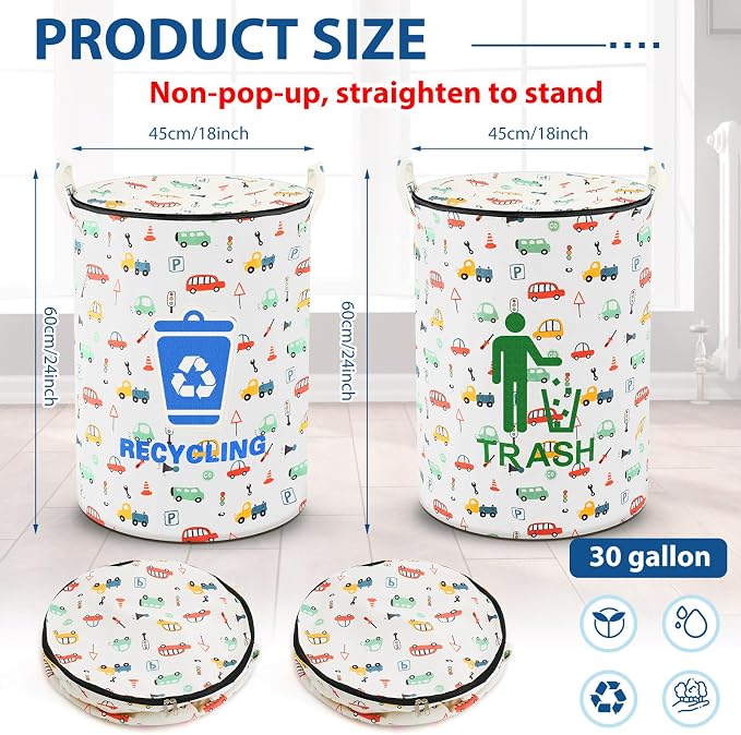 Jingmore 2 Pcs 30 Gallon Collapsible Trash Can, Waterproof, Zippered Lid | Portable Camping Garbage Can, Reusable, for Rv, Laundry Hamper, Recycling, Yard Waste, Leaf Bag and Toy Bin