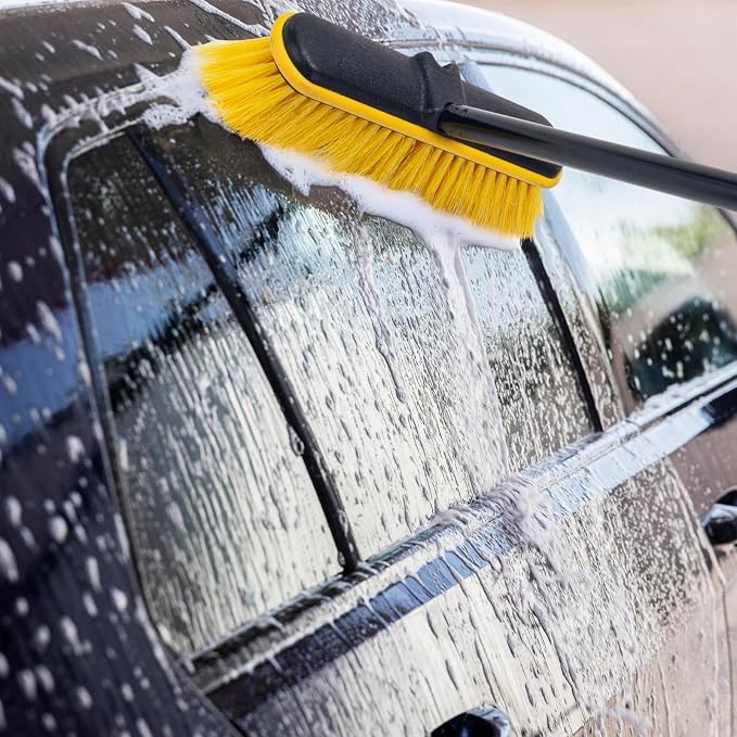 Car Wash Brush with Long Handle, 55'' Vehicles Exterior Washing Supplies, Soft Bristle Scrub Broom for Solar Panel, Boat, RV, Truck, Deck Cleaning, 2 Wax Applicator Pads Included