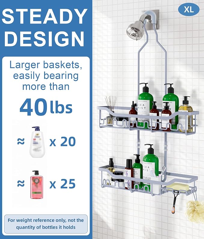 Shower Caddy Hanging Organizer, Extra Large Rack Over Showerhead with Hooks, Adjustable Height Shower Caddy for Big Shampoo Bottle, Grey
