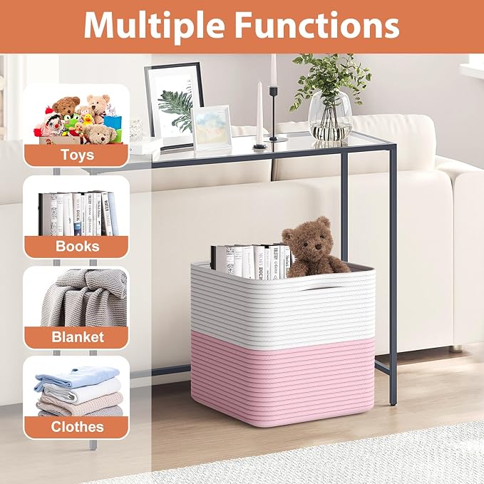 Storage Cotton Cubes 11 Inch, Woven Cotton Rope Storage Baskets for Toys Blanket Organizing, Storage Bins Decorative Organizer with Handles for Living Room Laundry Room Closet (3 Pack, Pink)