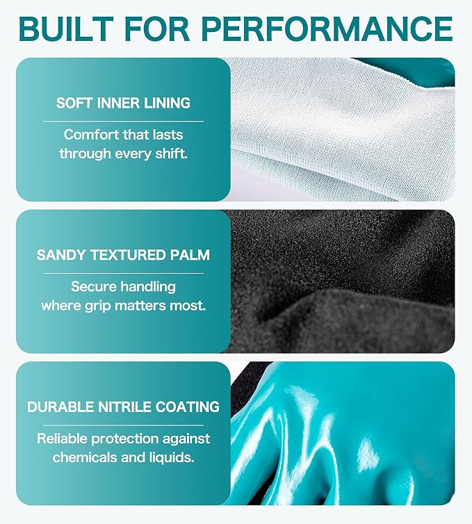 JDL Heavy-Duty Nitrile Chemical Gloves with Nylon Lining, Black Sandy Finish, Reusable Rubber Work Gloves, Acid/Alkali/Oil Protection, Non-Slip, X-Large
