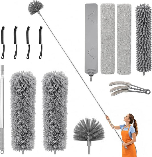 13-Piece Duster with Extension Pole, Cobweb Duster for High Ceiling | Spider web brush and flat gap cleaner for homes, apartments, fans, blinds, walls, furniture, cars and under appliances