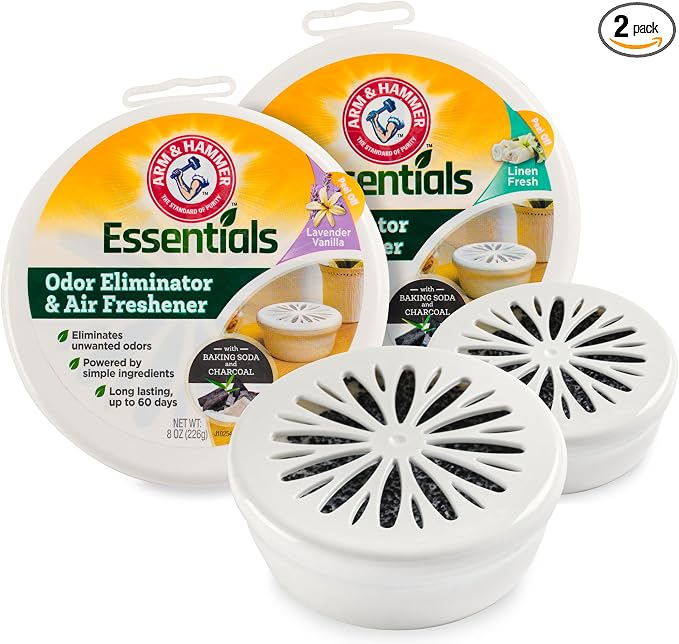 Arm and Hammer Air Freshener 2pk Bundle Lavender Vanilla & Linen Fresh 8oz | 2 pack Closet Air Freshener Essentials, Room and Closet Odor Absorber and Eliminator with Baking Soda and Activated Charcoal