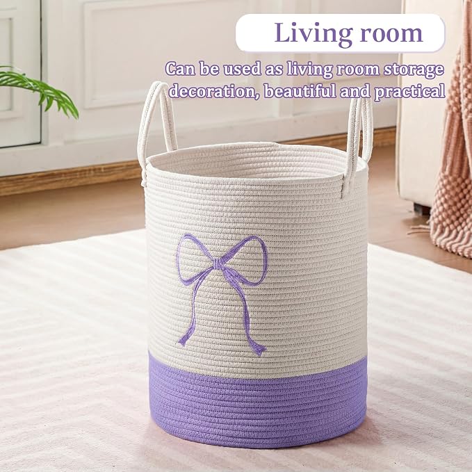 Honeydak Purple Laundry Basket Bow Hamper Coquette Laundry Basket Cotton Rope Purple Hamper 15 x 17.7 Inches Toy Box Large Coquette Bow Teens Girls Room Storage for Blanket Toys Clothes Organization