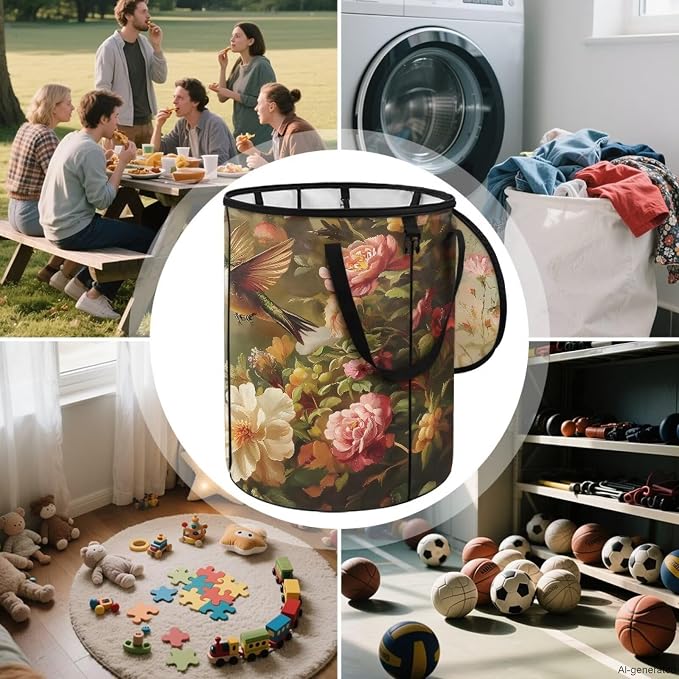 Hummingbird 24Gal Collapsible Trash Can Camo Waterproof Pop-Up Bin w/Lid for Camping & Backyard | Leakproof Yard Waste Bag