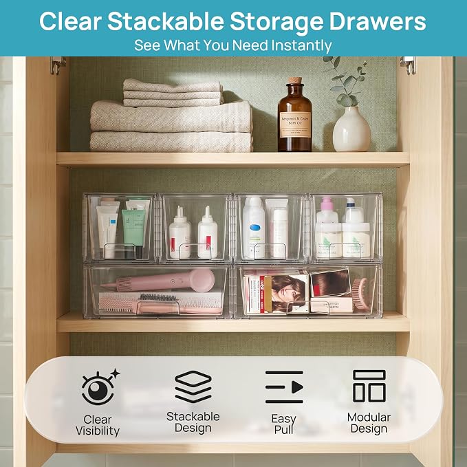 Vtopmart Clear Stackable Storage Drawers, 3 Pack Wide Organizer Set | Wide and Medium Pull-Out PET Drawers with Stackable Design for Flexible Storage, Cabinets, Closets, Pantry
