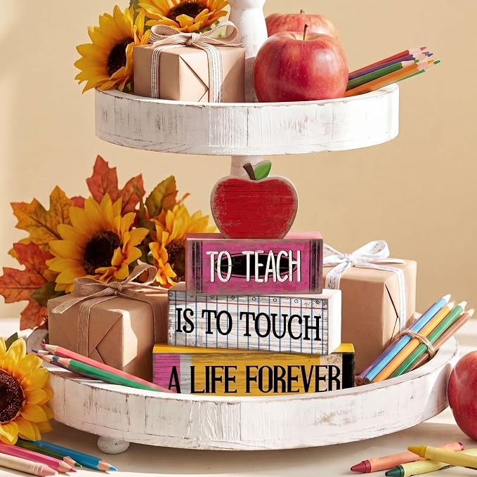Moucuny 4 Pcs Back to School Table Decorations Retro Red Wooden Apple Decor | Back to School Centerpiece, Rustic Farmhouse Style, Teacher Appreciation Gift, Classroom Desk Display for Home Kitchen