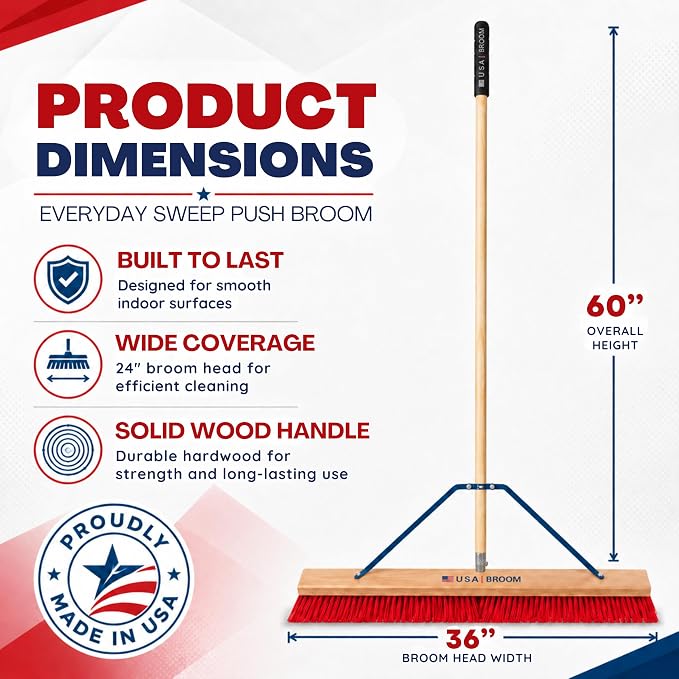 2-Pack - 36" Everyday Sweep Indoor/Outdoor Push Broom with 60" Handle. Ideal for Garages & Shops. Durable American Made Steel Brackets-All Stainless Steel Hardware. No Plastic. 100% USA Made
